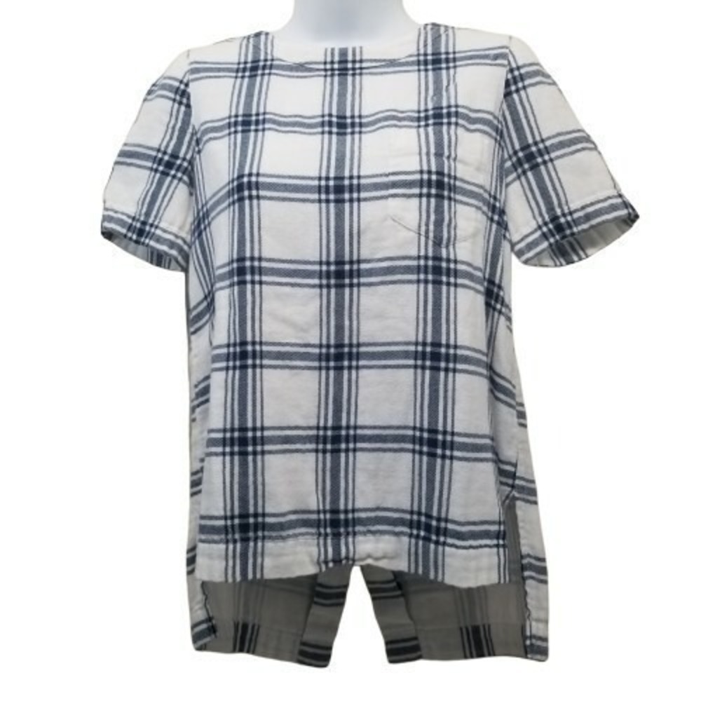 Madewell XXS Industry Plaid Top Blue White Hi Low‎ Button Back Academia Twee